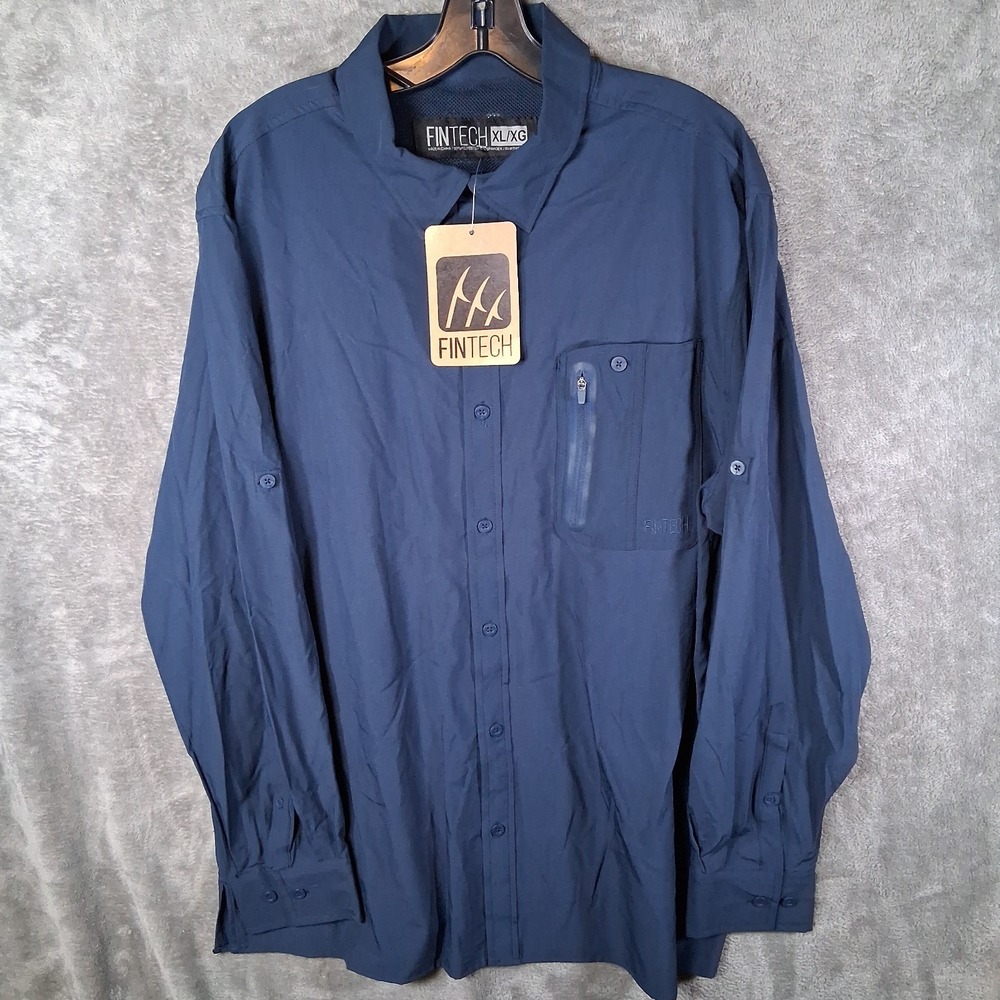 New Fintech Deep Sea Woven Long  Sleeve Shirt Men Size XL Navy Blue Stretch